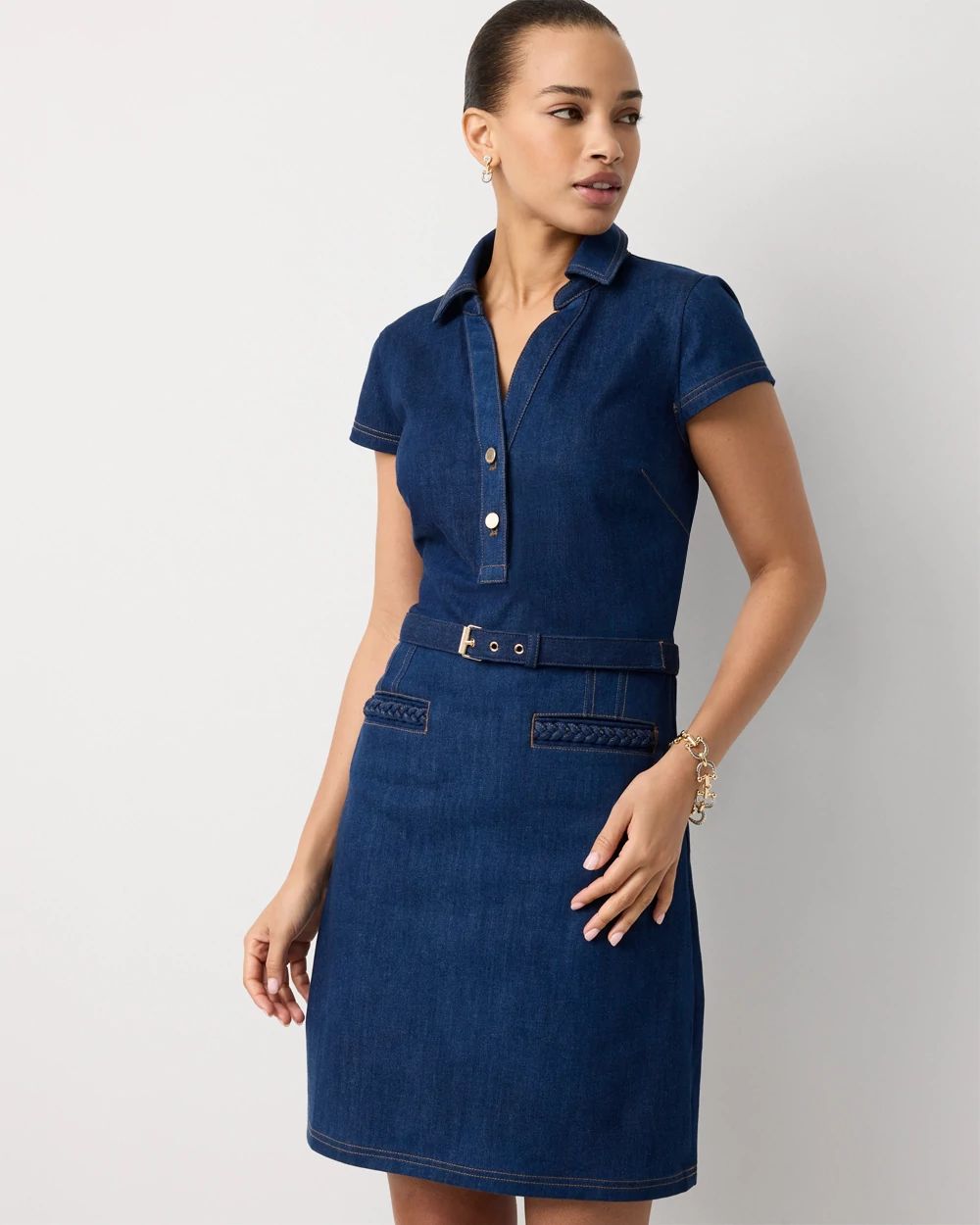 Petite Braided Trim Belted Denim Dress | White House Black Market